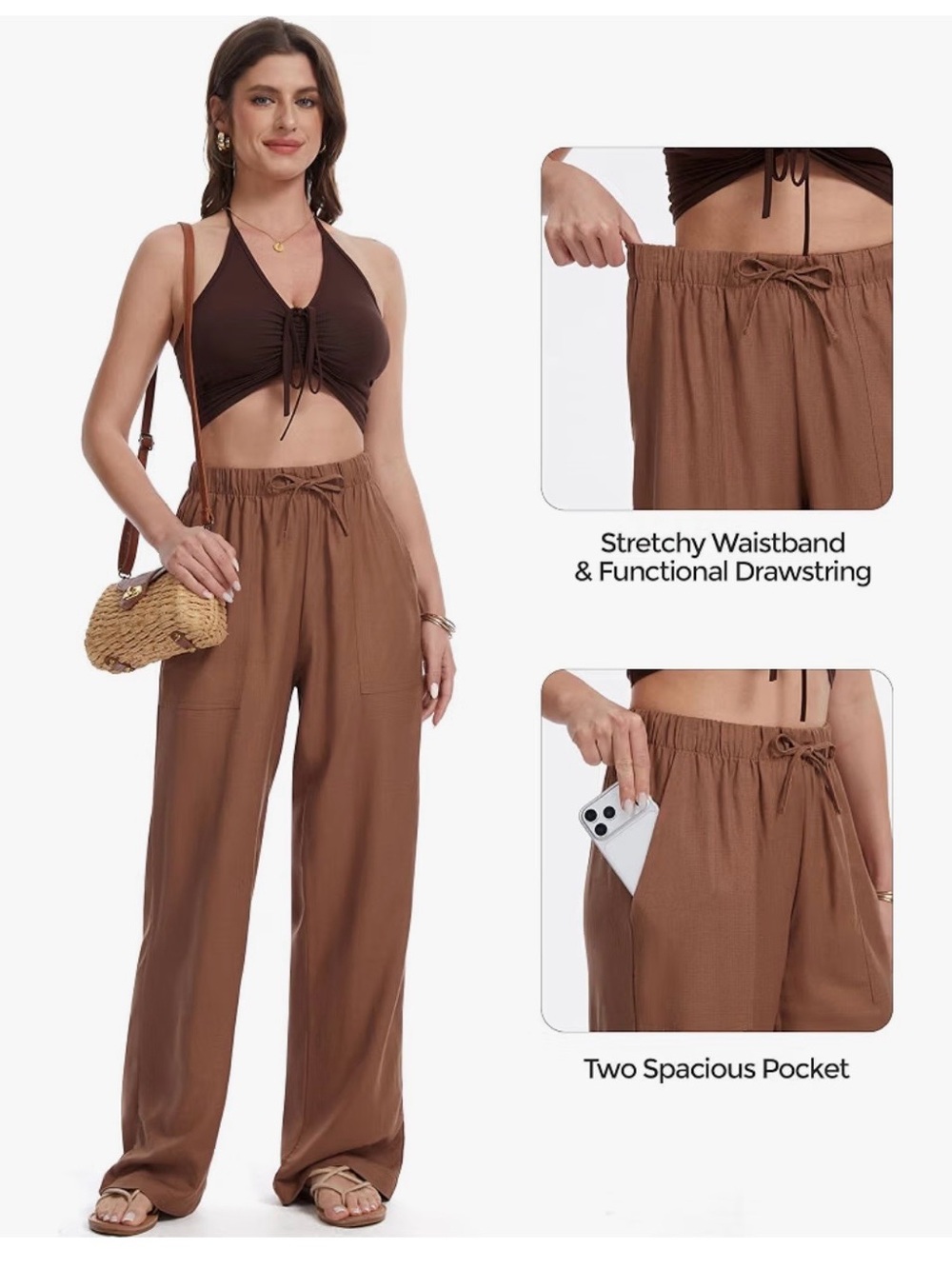 Wide-Leg Drawstring Pants - Brown - Picture 4 of 4